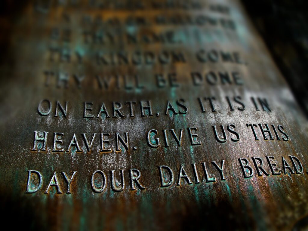 Sculpture of the Lord's Prayer with scriptures from Bible