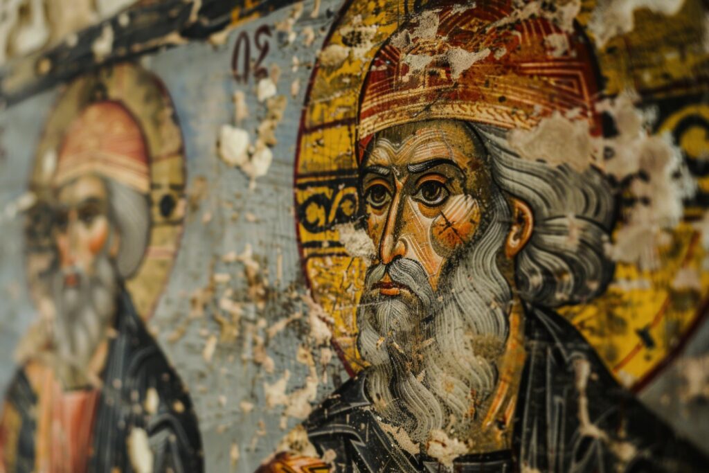 Grunge religious art depicting a saint with a long white beard wearing a red hat